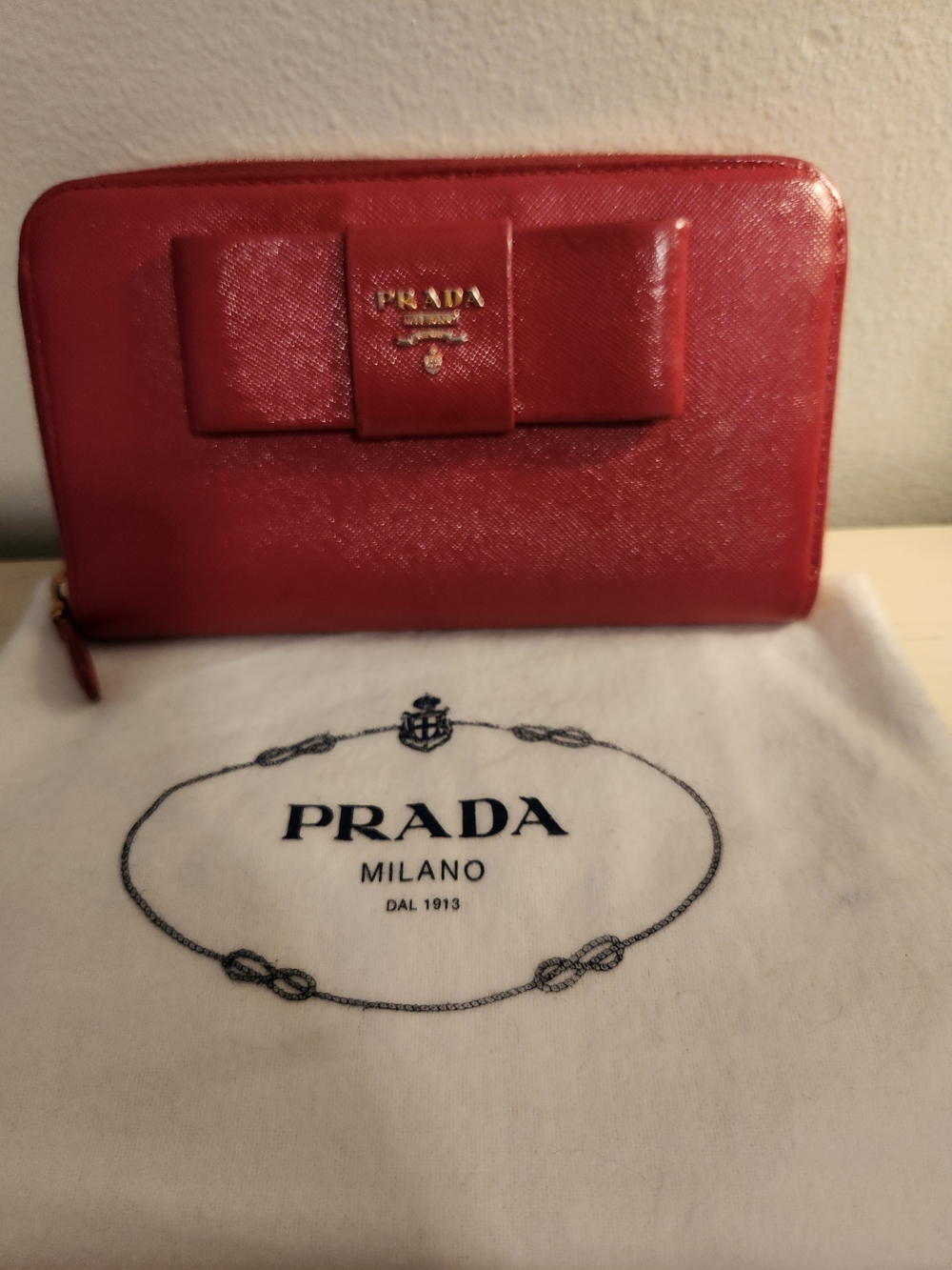 Prada Pink Saffiano Leather Bow Zip-Around Wallet